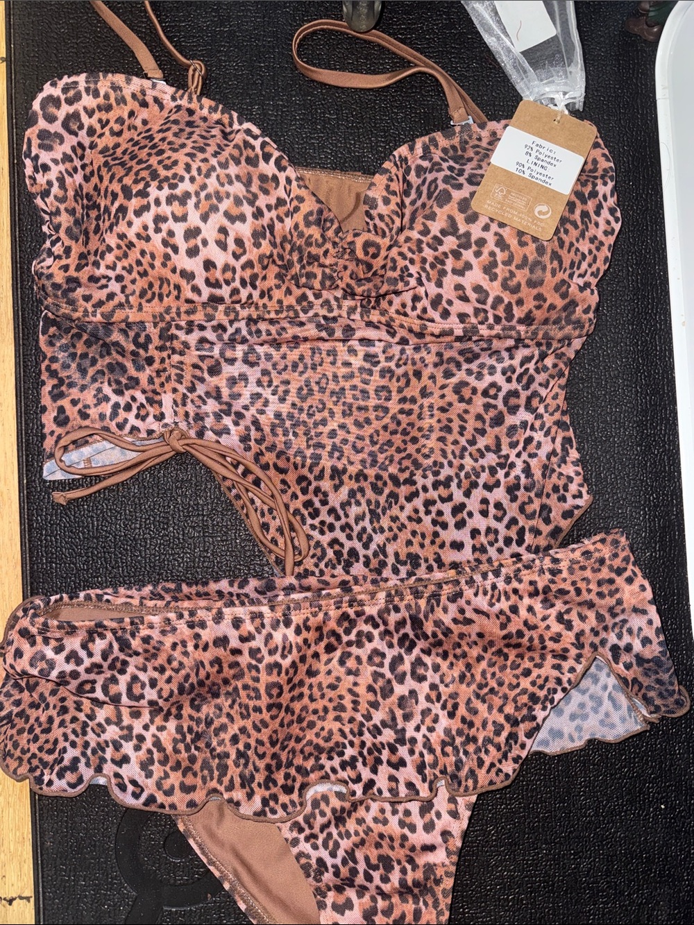 NEW With Tages Womens' XL Leopard Print Two-Piece Swimsuit in Brown